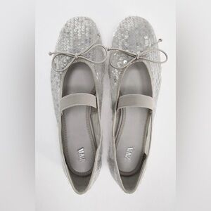 Zara Gray Silver Clear Sequin Bow Ballet Flats Sandals Shoes